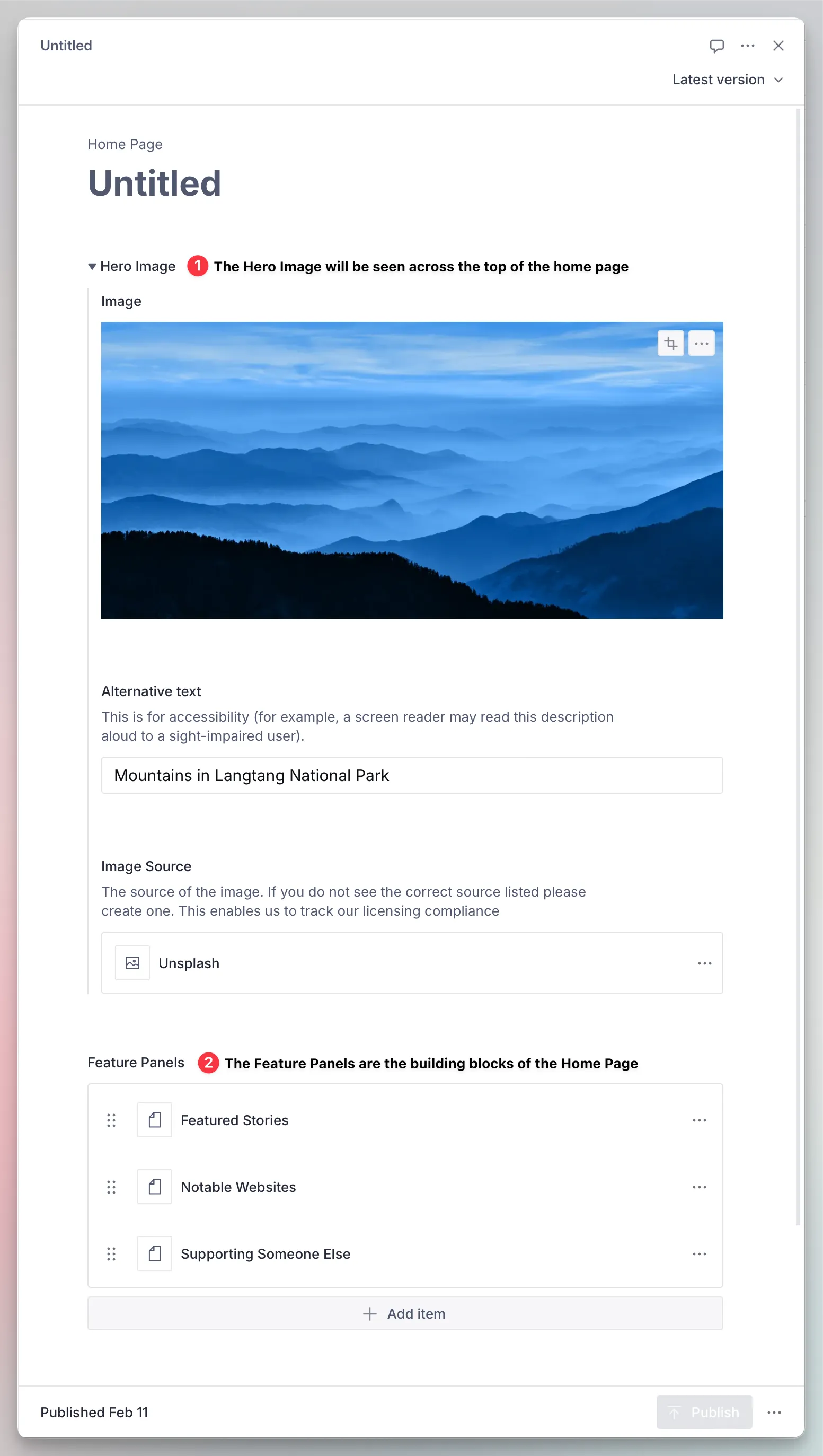 The Home Page content type within Sanity Studio