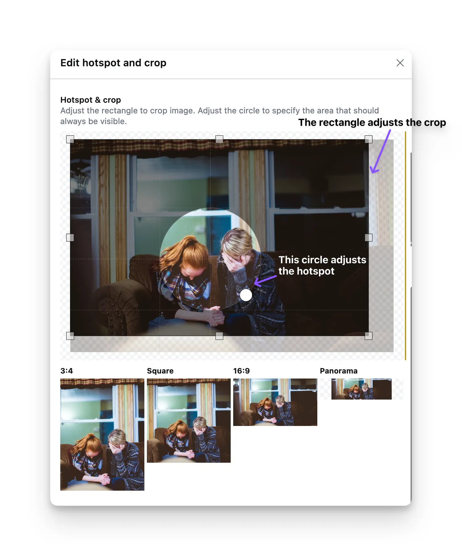 The hotspot and crops options for an image field