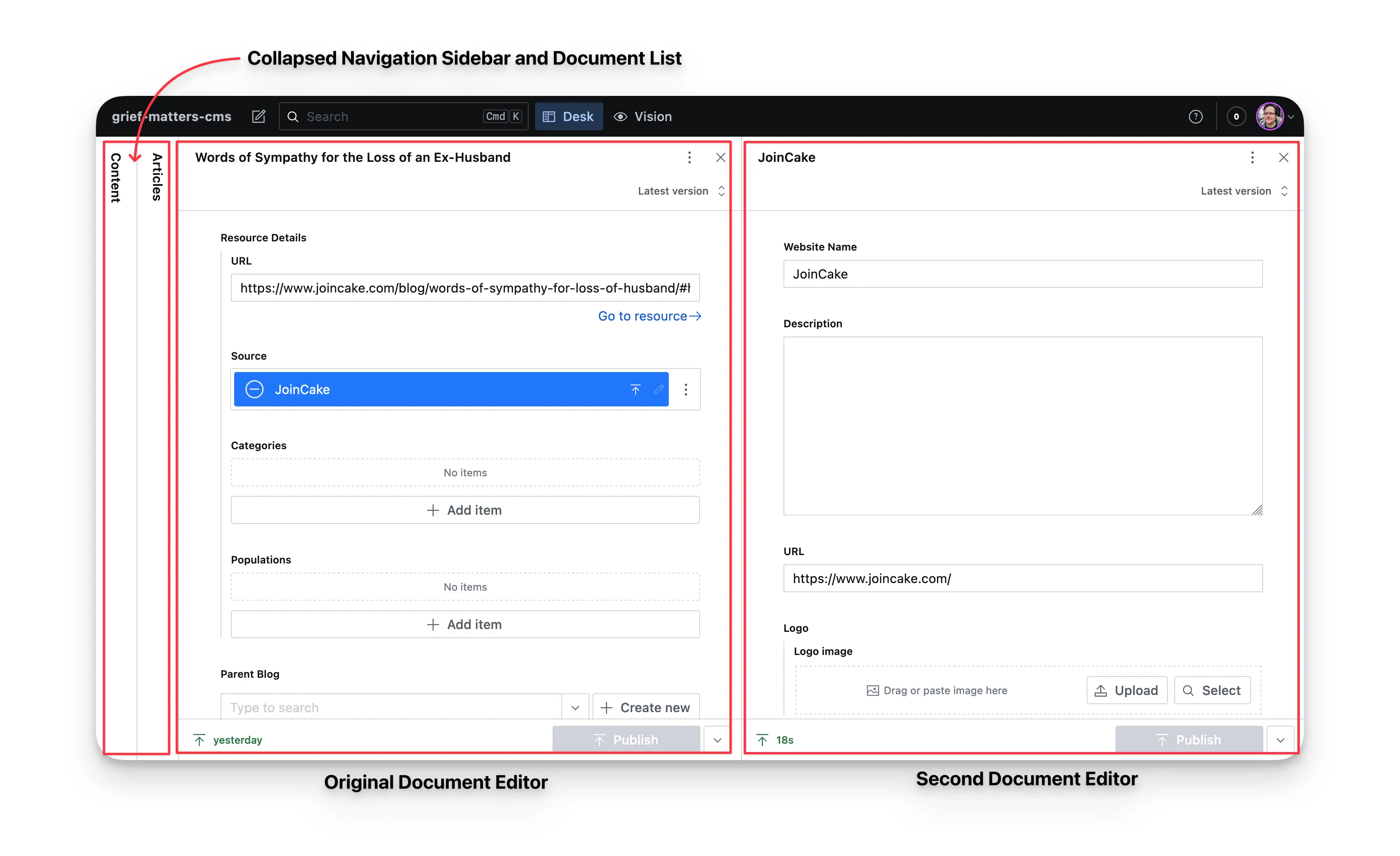Multiple open document editors and collapsed navigation panes